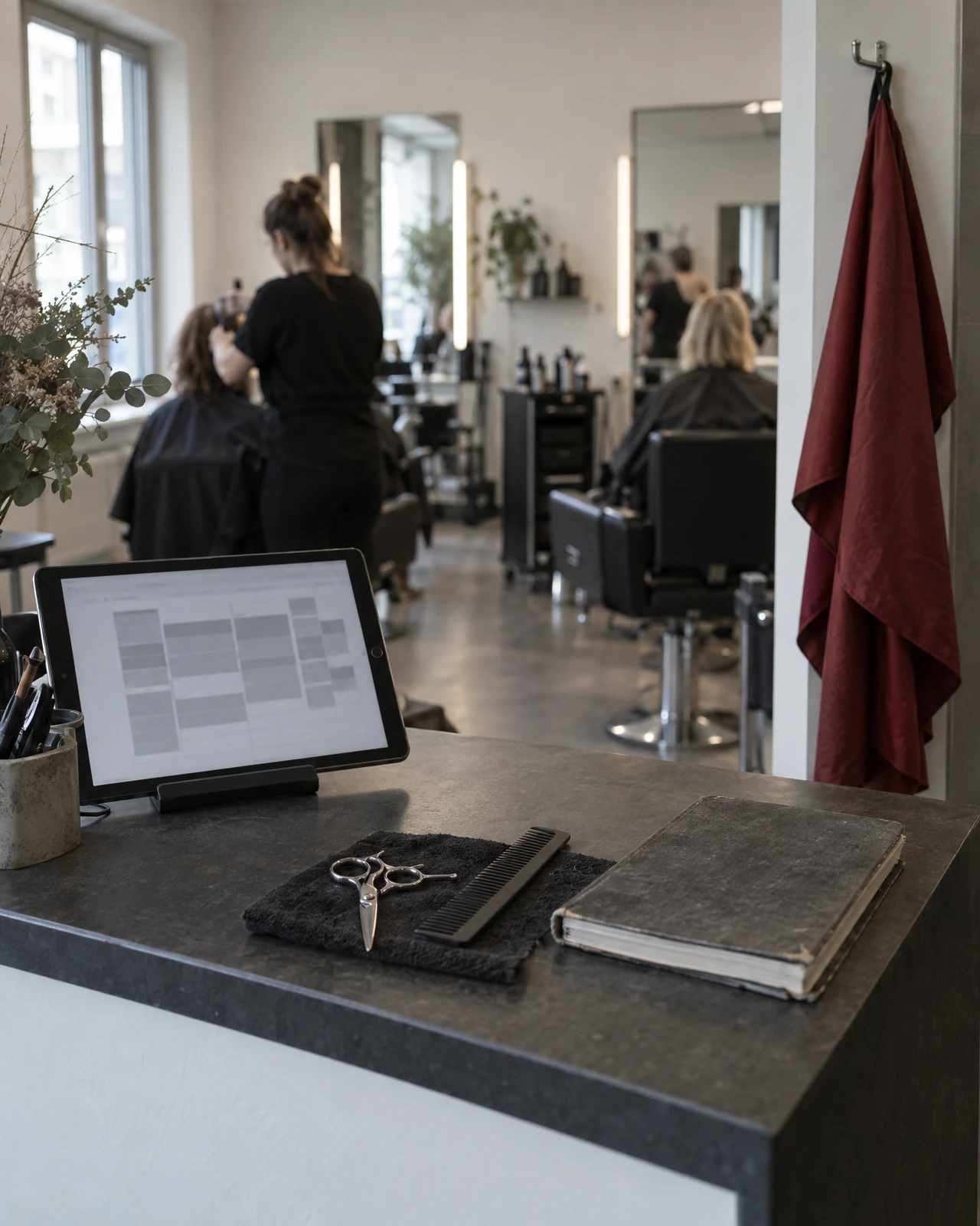 Reception counter with a booking calendar on a phone, car keys beside it