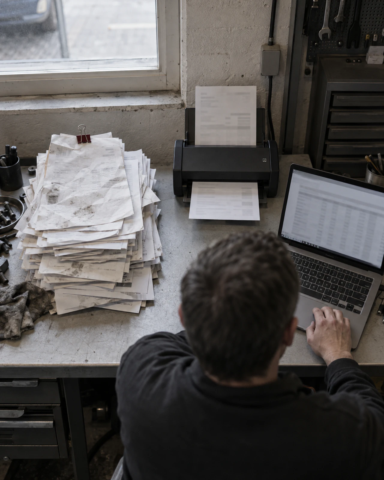 Papierstapel und ein skizzierter Ablauf neben dem Laptop: so beginnt eine Automatisierung