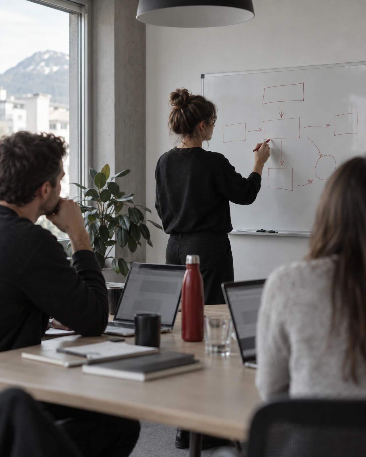 AI workshop: a workflow sketched on the whiteboard while the team looks on