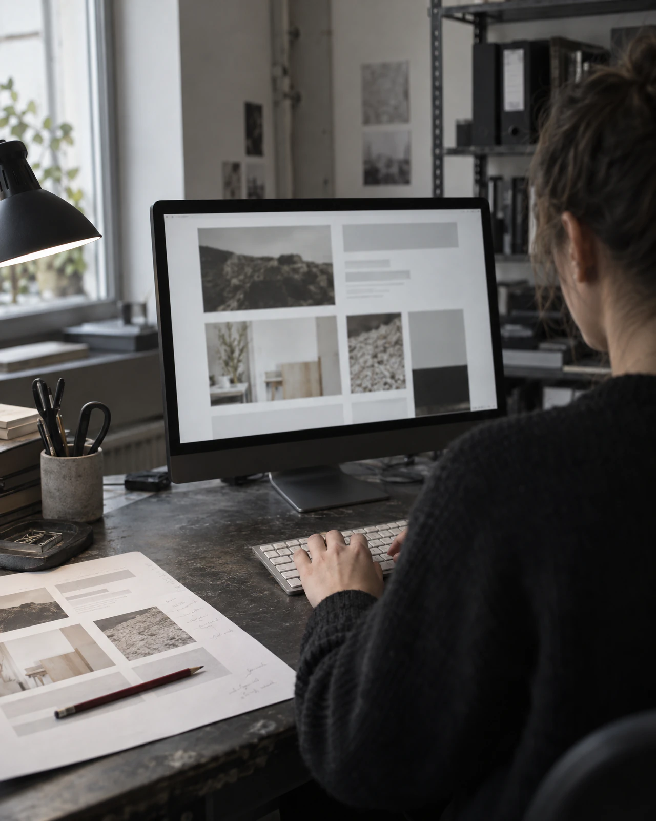A website layout being checked block by block on a monitor