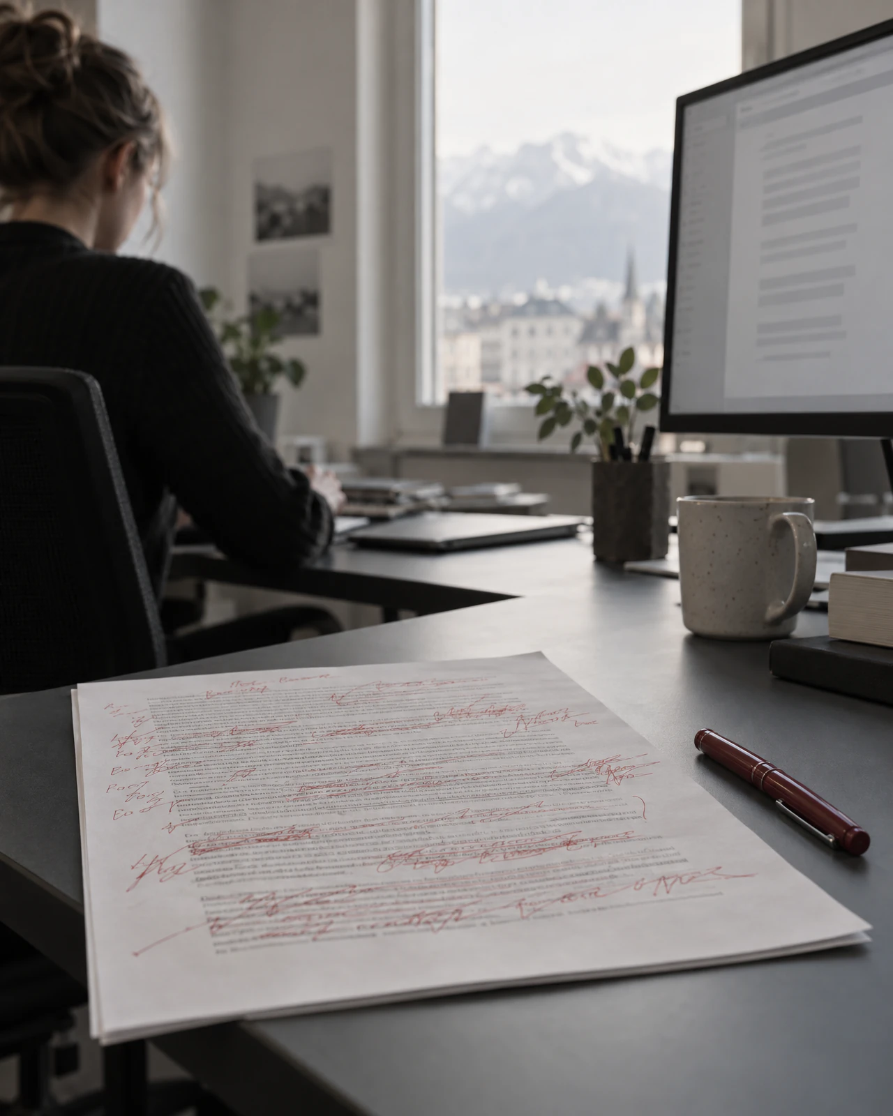 A printed AI text draft, corrected by hand in red pen