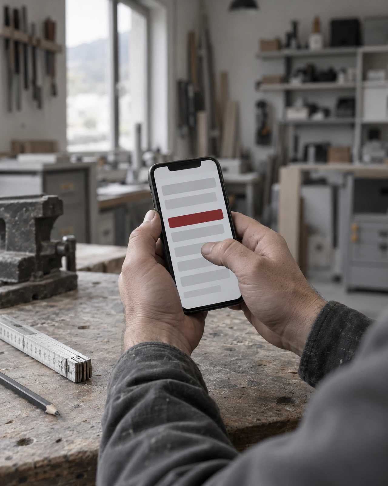 Hände eines Handwerkers halten in der Werkstatt ein Smartphone, auf dem Display eine Liste grauer Balken, ein Balken rot hervorgehoben; auf der Werkbank liegen Zollstock und Bleistift