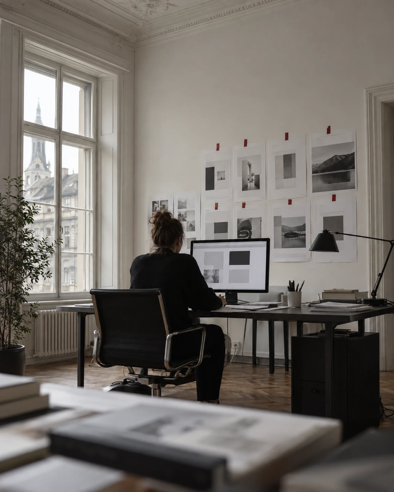 Website-Entwürfe an der Wand, Layout am Bildschirm, Büro in Zürich