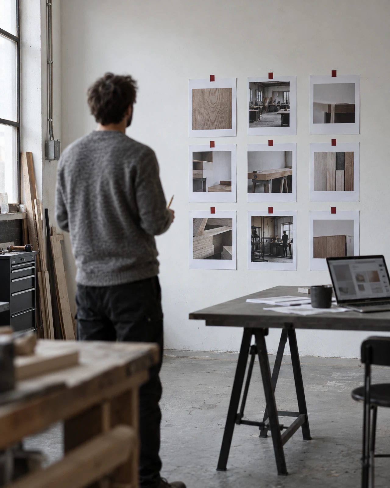 Website-Entwürfe an der Wand, Layout am Bildschirm, Büro in Zürich