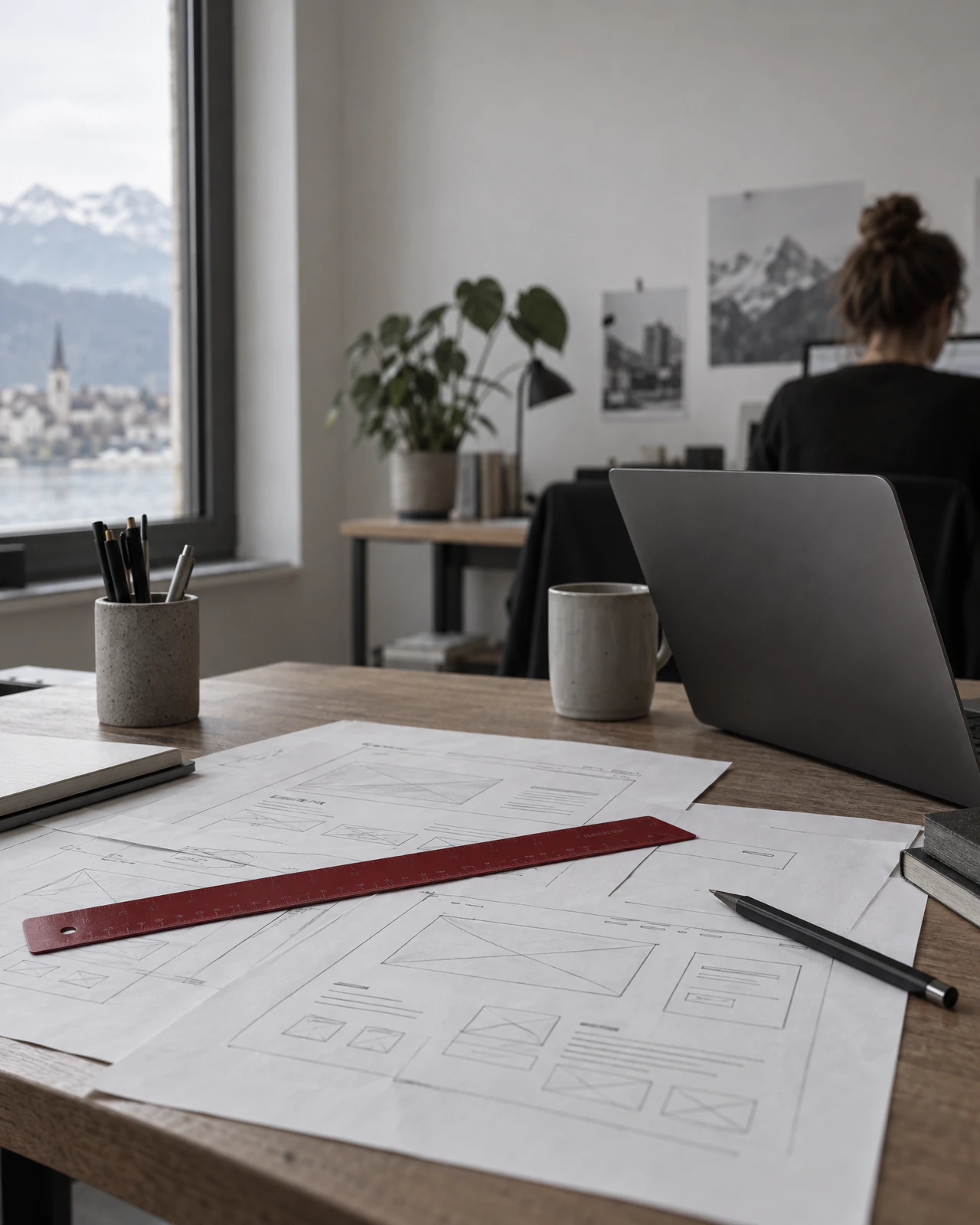 Website-Entwurf auf Papier und Bildschirm im Büro