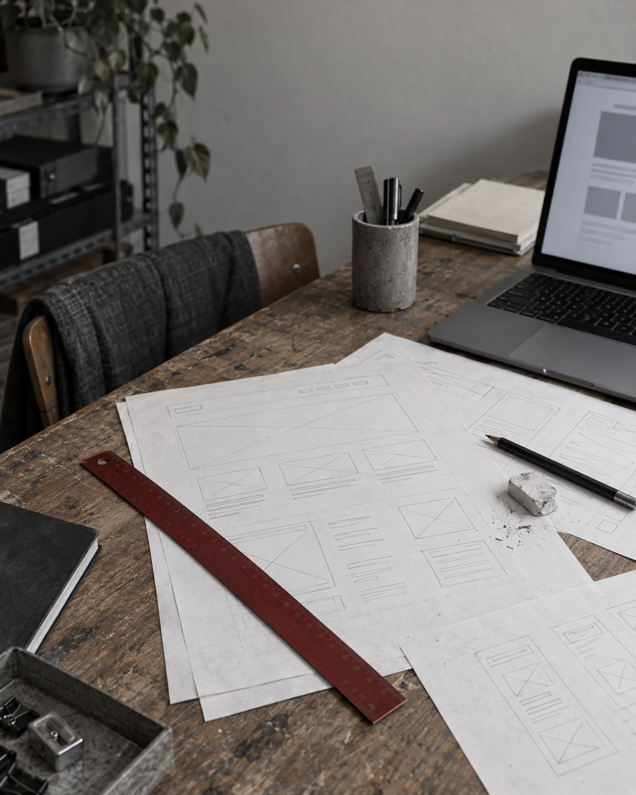 Website draft on paper and screen in the office
