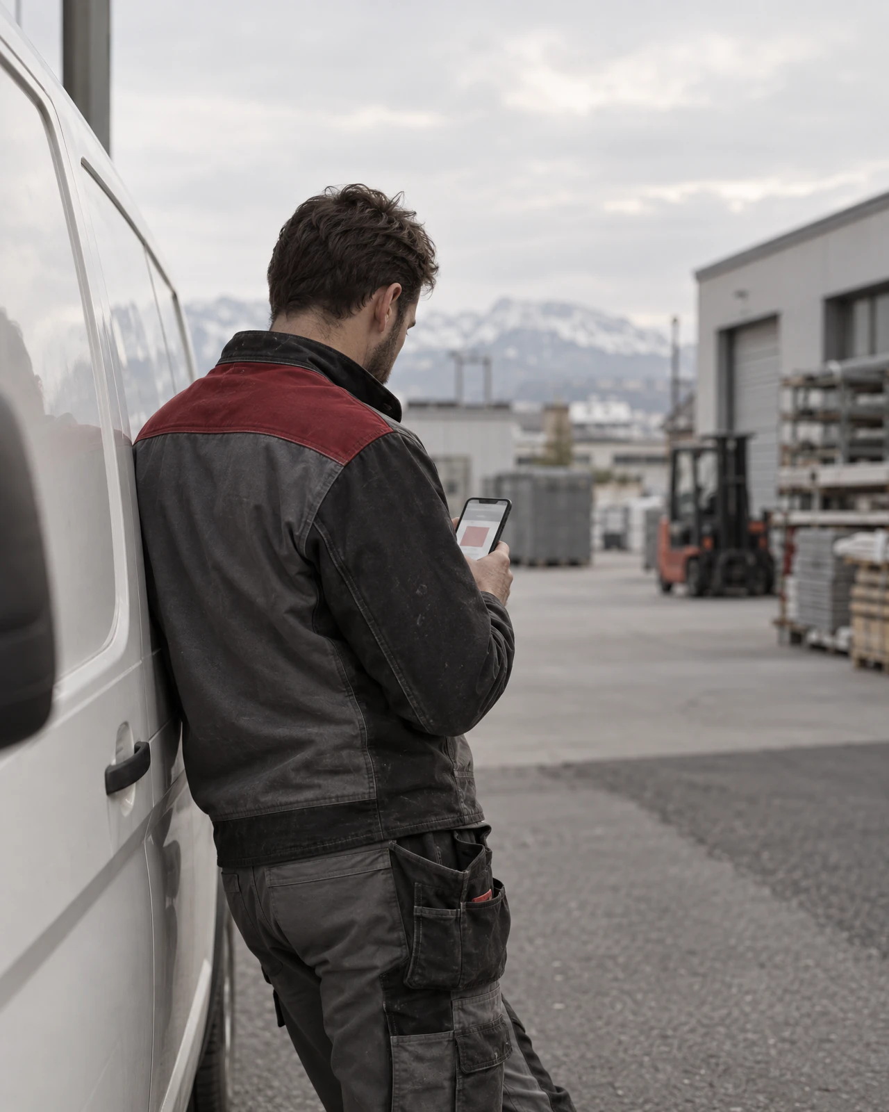Handwerker prüft den Website-Entwurf auf dem Handy