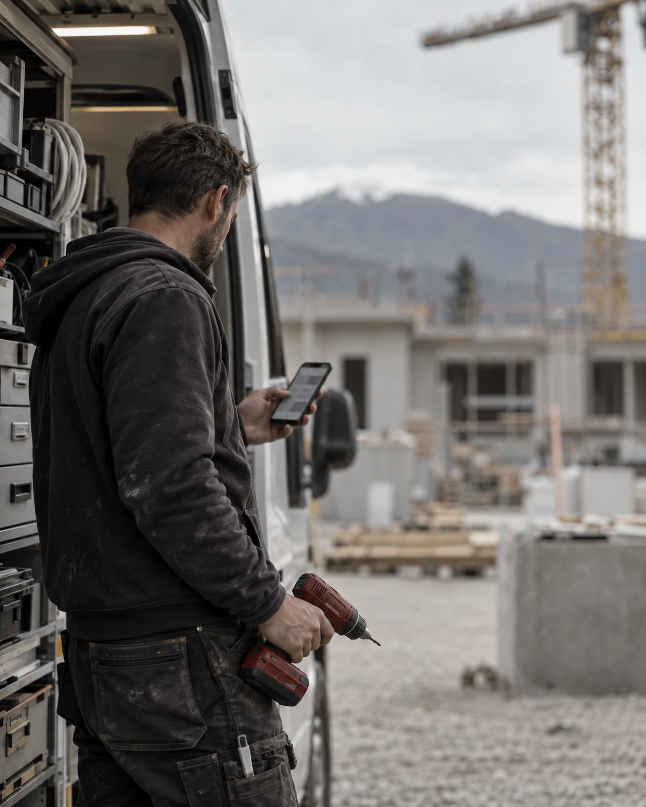 Monteur erfasst die Arbeitszeit am Handy, direkt beim Lieferwagen auf der Baustelle