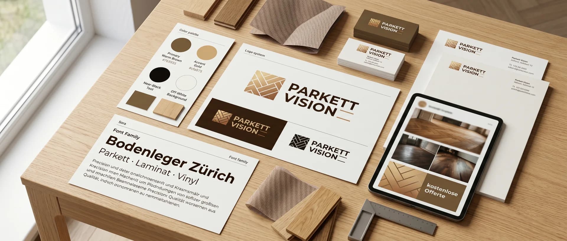 Markenauftritt-Flatlay mit Logo, Farben und Typografie — visuelle Identität für Schweizer KMU