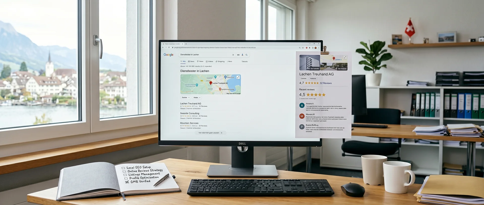 Google-Suchergebnisse und Bewertungen auf dem Bildschirm — SEO und Online-Reputation
