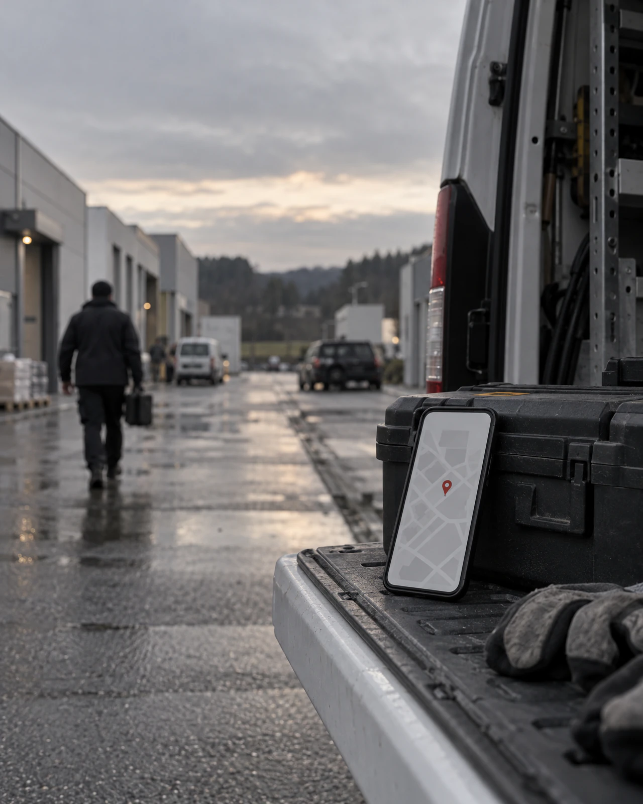Smartphone mit Kartenansicht an eine Werkzeugkiste gelehnt auf der Heckklappe eines Transporters, dahinter eine nasse Gewerbestrasse