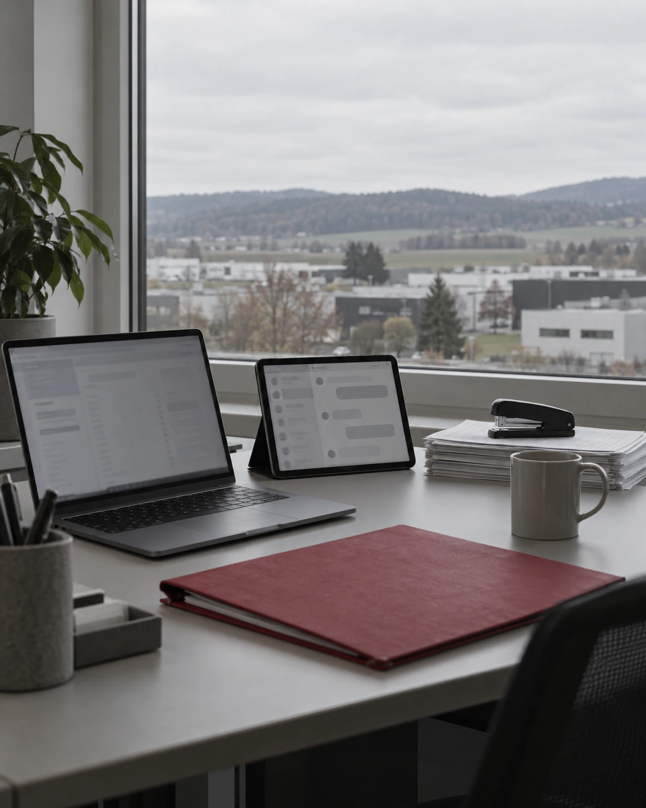 Büroschreibtisch am Fenster mit Laptop und Tablet mit Chatfenster, daneben Papierstapel mit Bostitch, Tasse und roter Ordner, draussen ein Gewerbegebiet vor bewaldeten Hügeln
