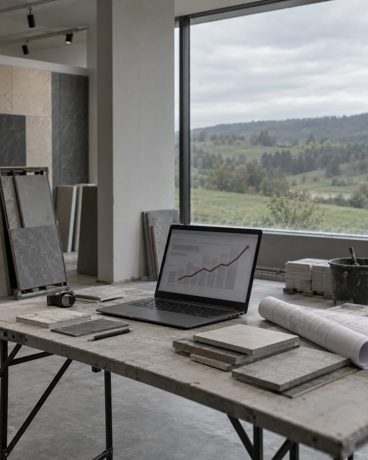 Laptop mit steigender roter Kurve auf einem Klapptisch in einem halbfertigen Ausstellungsraum, daneben Plattenmuster, Massband und eine Planrolle, draussen grüne Hügel