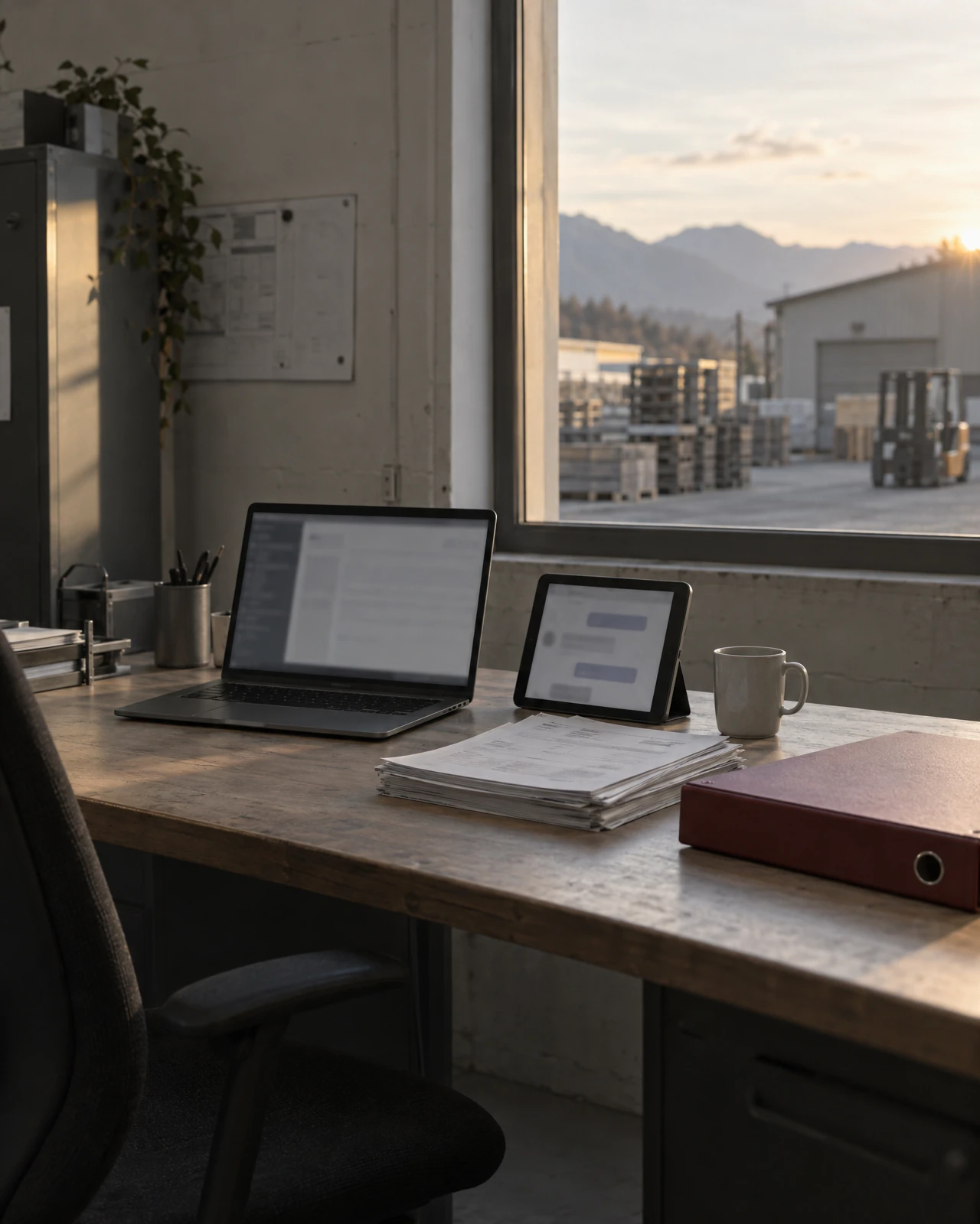 Werkstattbüro mit Laptop und Tablet mit unscharfen Chat-Blasen, daneben Tasse, Papierstapel und roter Ordner, draussen ein Lagerplatz mit Paletten im Abendlicht