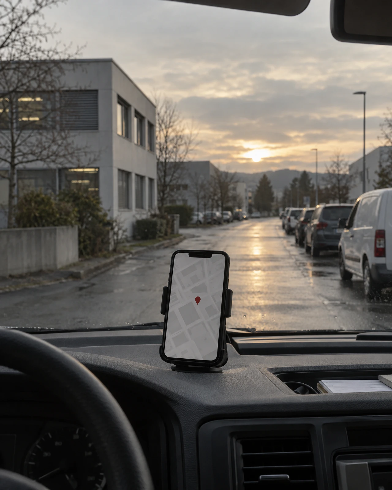 Smartphone mit Kartenansicht in der Halterung eines Transporters, Blick auf eine nasse Gewerbestrasse im Abendlicht