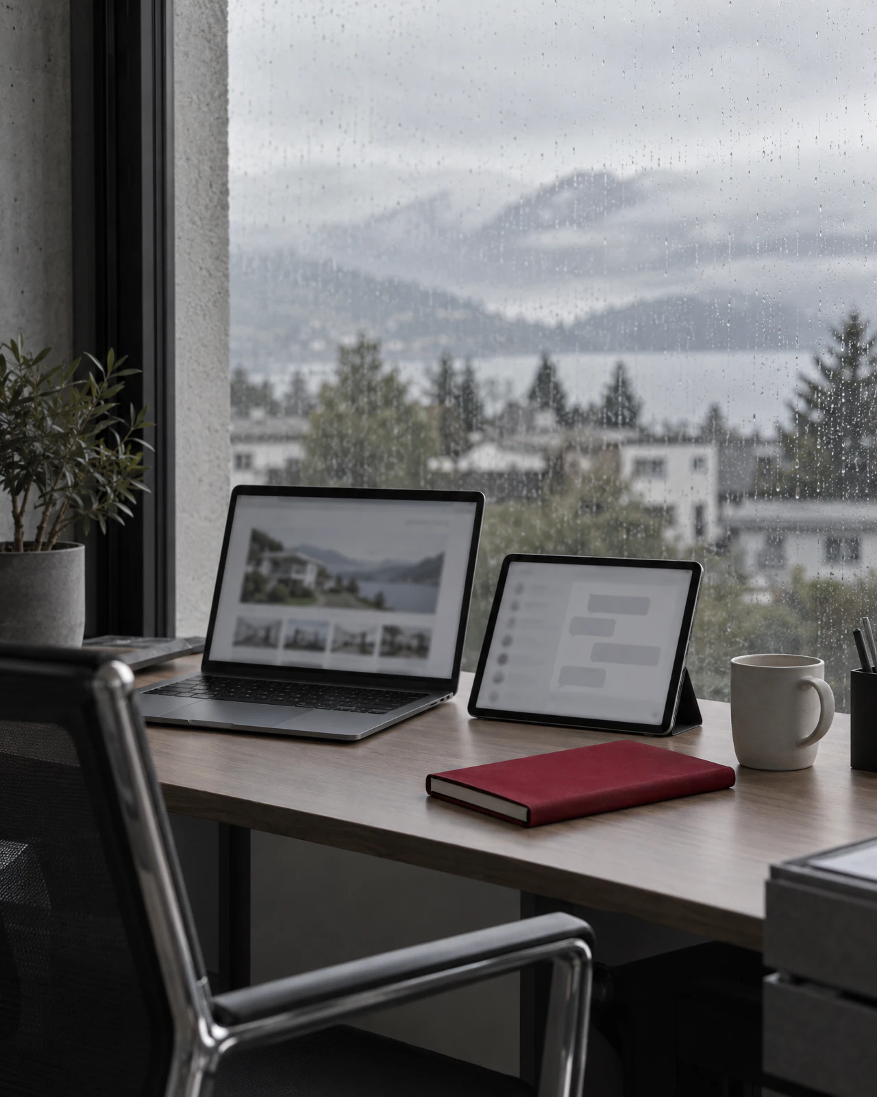 Laptop und Tablet mit Chatfenster auf einem Schreibtisch am Fenster, draussen Regen und ein See