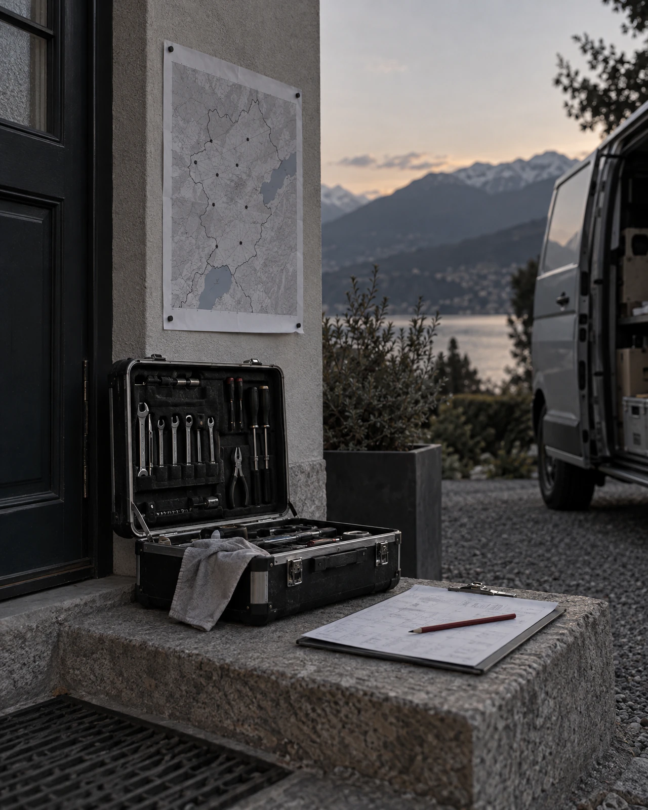 Offener Werkzeugkoffer und Klemmbrett auf einer Steinstufe, an der Wand eine Karte, daneben ein Transporter