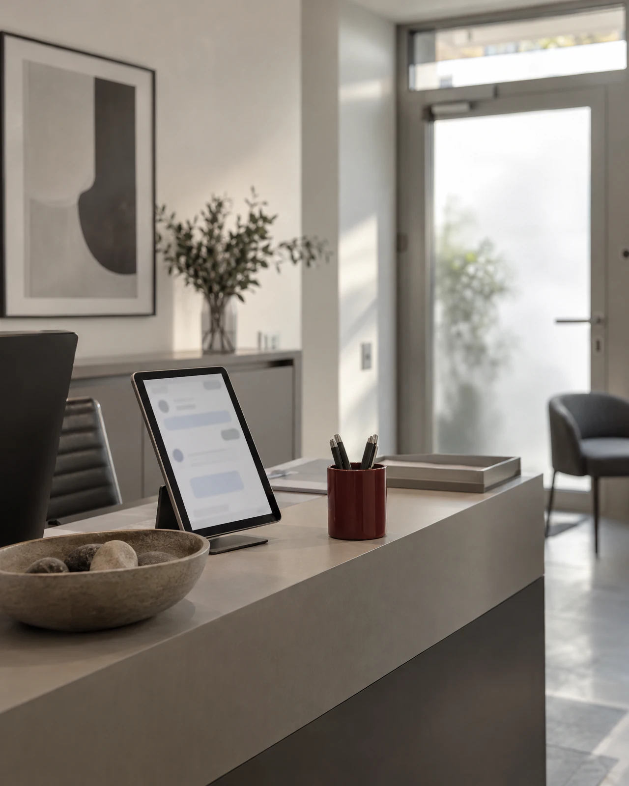 Empfangstresen mit Tablet und Chatfenster neben Stiftebecher und Steinschale in einer hellen Praxis