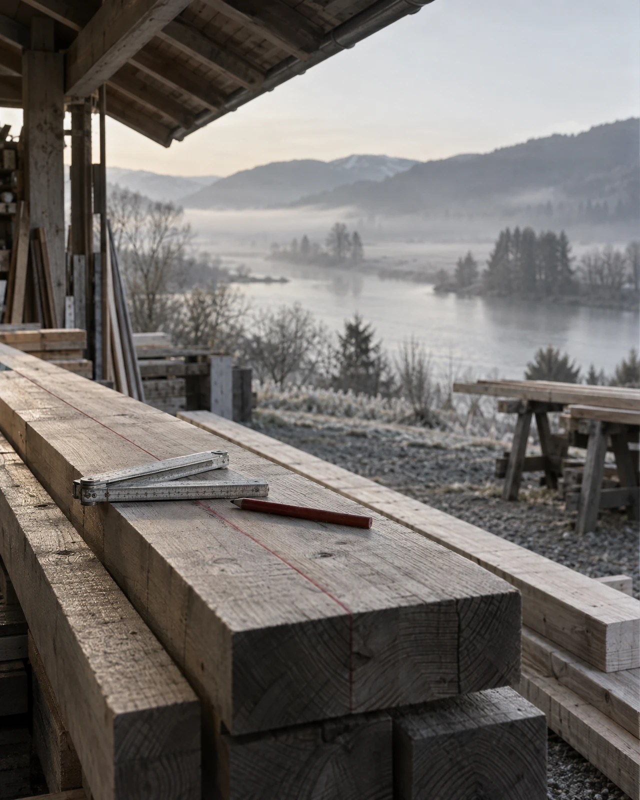 Holzlatten mit Zollstock unter einem Pultdach im Morgendunst über einem Flusstal