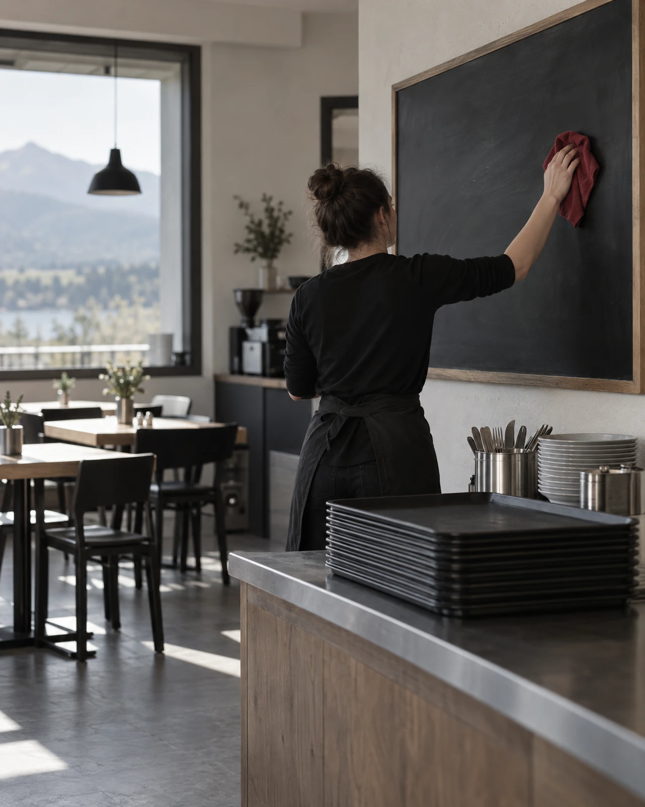 Frau wischt eine leere Menütafel ab, daneben ein Stapel Tabletts in einem Restaurant am Mittag