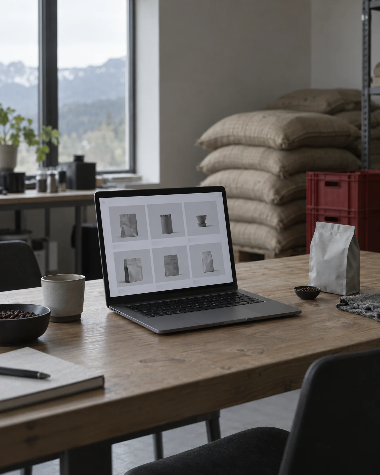 Laptop mit Produktübersicht auf einem Holztisch, dahinter gestapelte Kaffeesäcke und eine rote Kiste