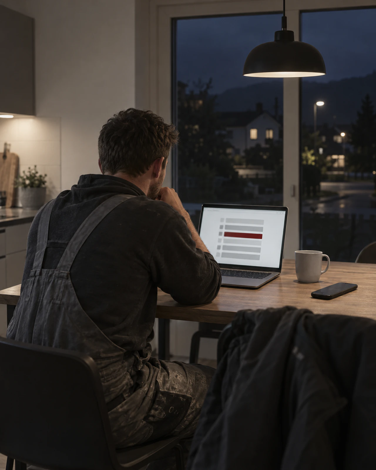 Handwerker am Küchentisch am Abend vor einem Laptop mit Balkenliste, daneben Smartphone und Tasse