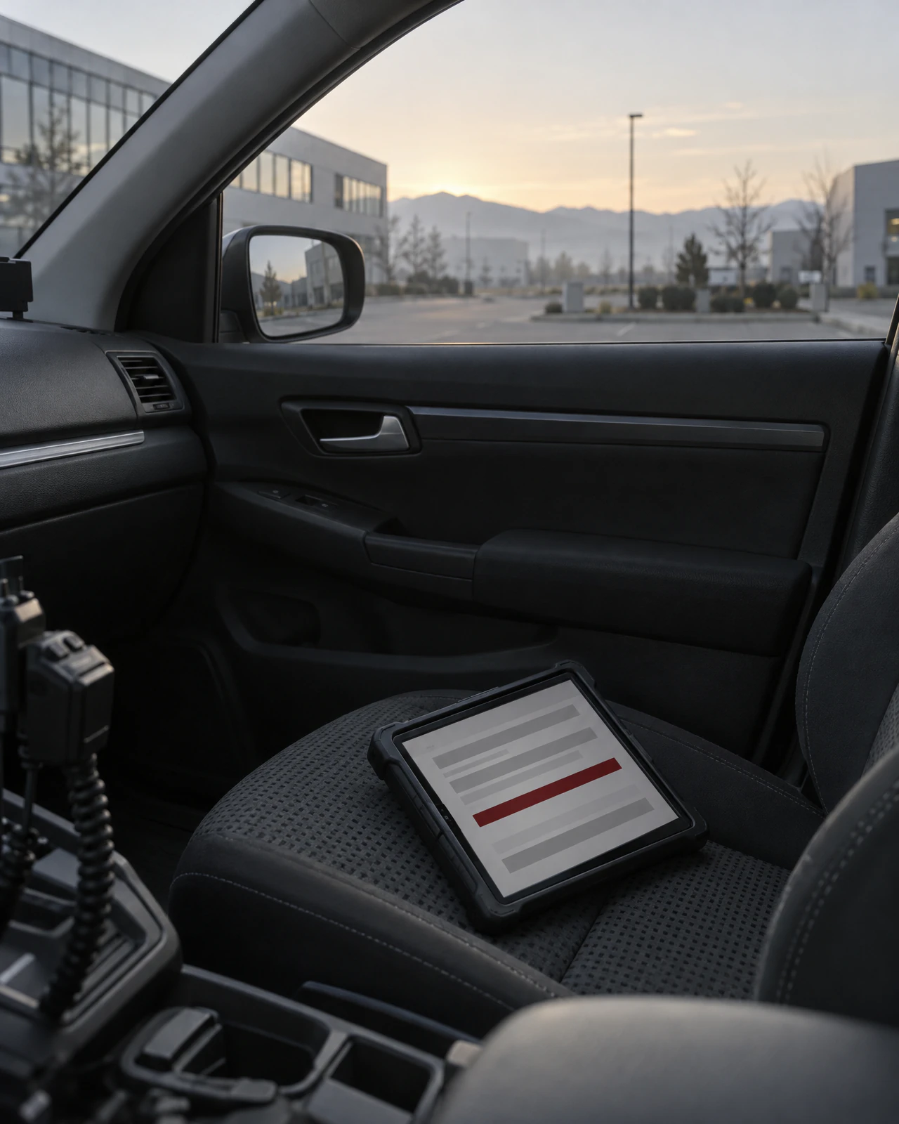 Tablet mit Balkenliste auf dem Beifahrersitz eines parkierten Autos vor einem leeren Gewerbeparkplatz