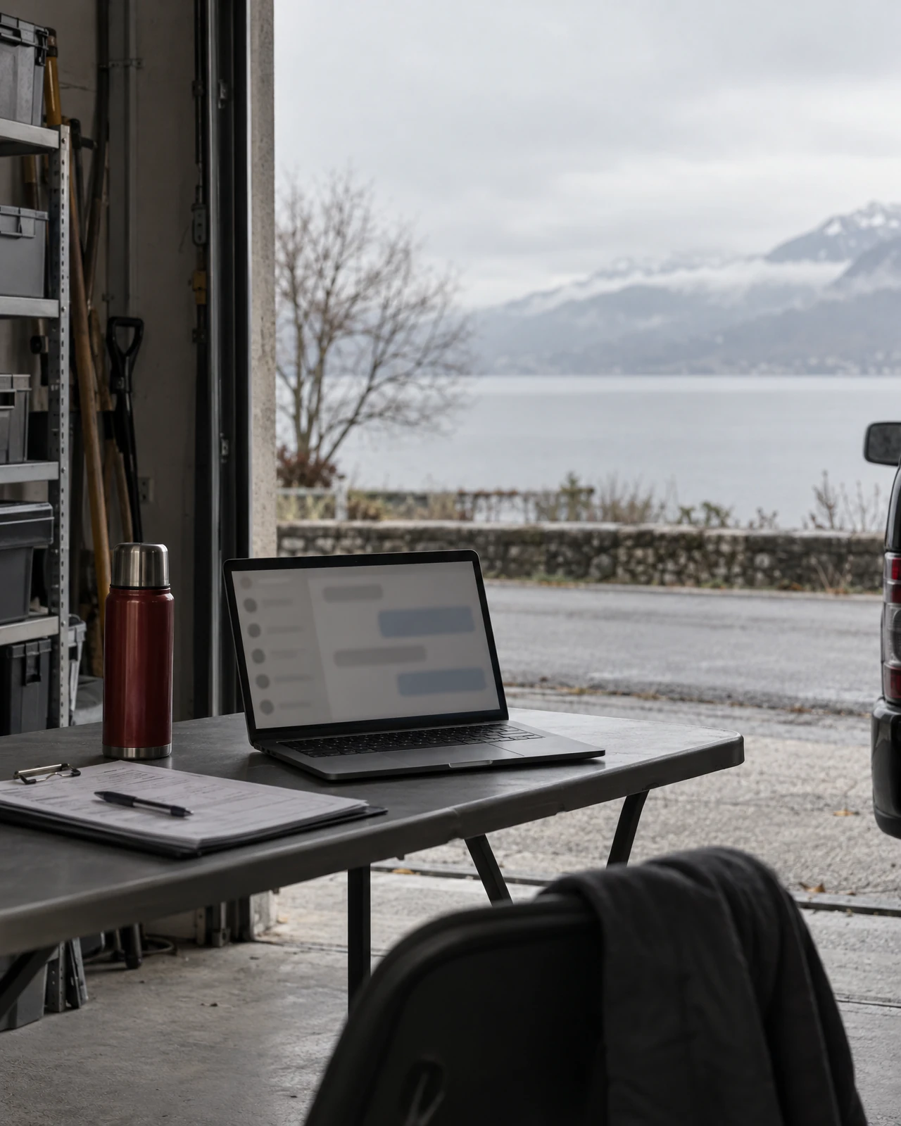 Laptop mit Chatfenster, Klemmbrett und Thermosflasche auf einem Klapptisch im offenen Garagentor, dahinter ein See