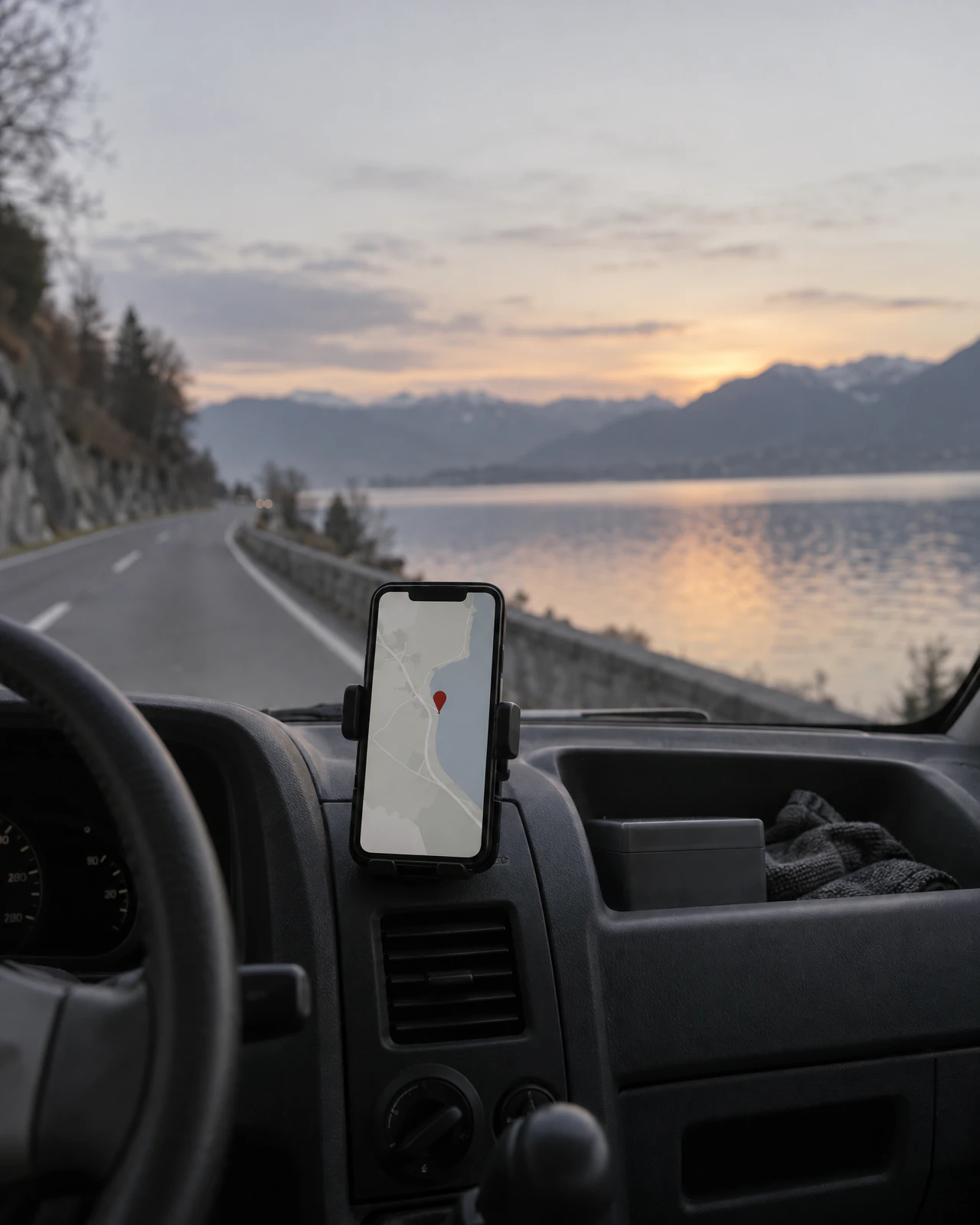 Smartphone mit Kartenansicht in der Halterung eines Transporters auf einer Uferstrasse bei Sonnenuntergang