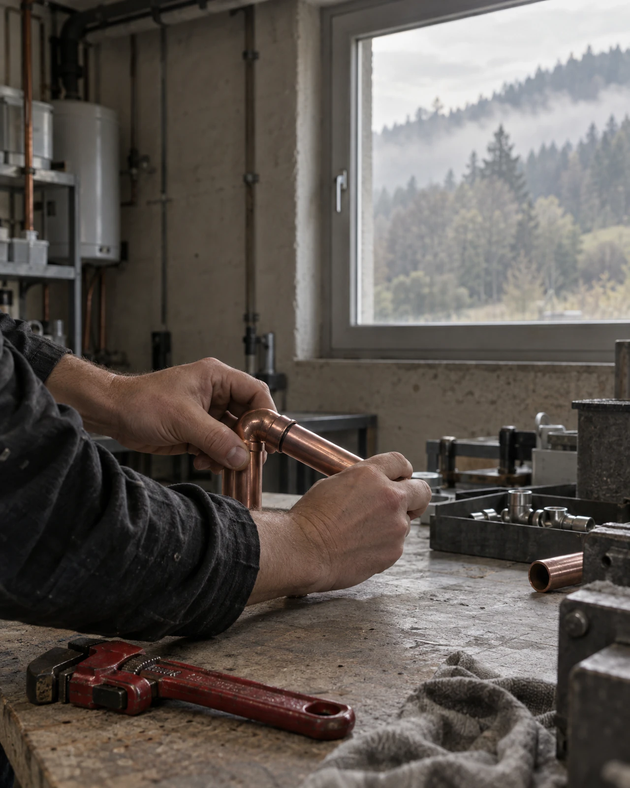 Hände eines Sanitärs setzen eine Kupferrohr-Verbindung an einer Werkbank, im Fenster ein bewaldeter Hang
