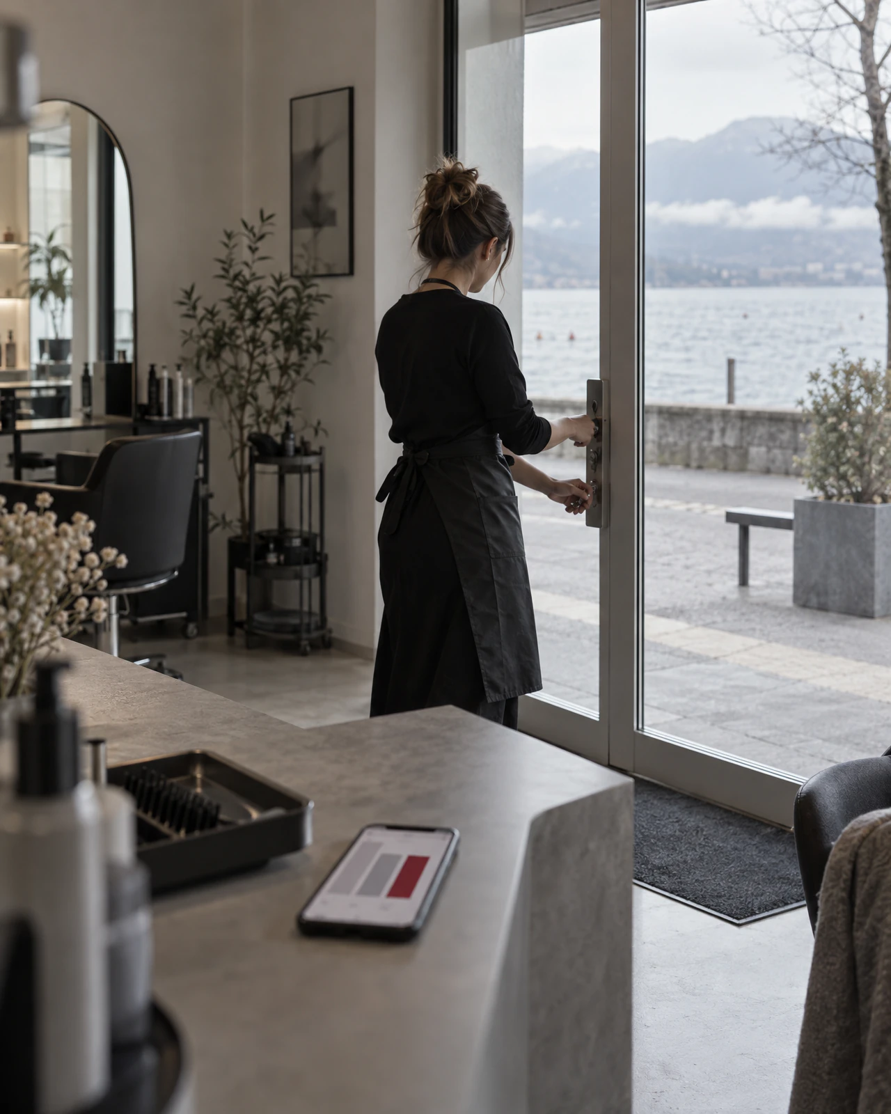 Frau schliesst die Glastür eines Salons auf, auf dem Tresen ein Smartphone mit Balkendiagramm, draussen eine Seepromenade
