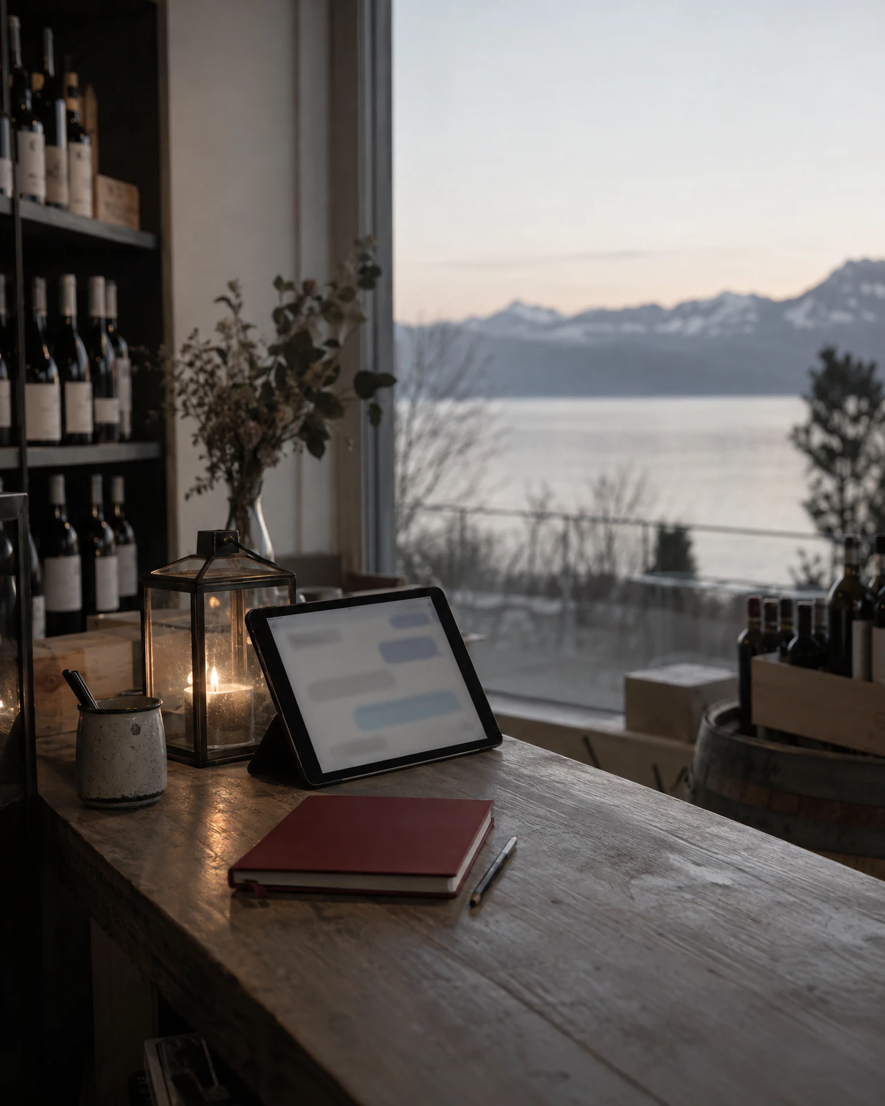 Tablet mit Chatfenster, Laterne und Notizbuch auf dem Tresen einer Weinhandlung, draussen ein See am Abend
