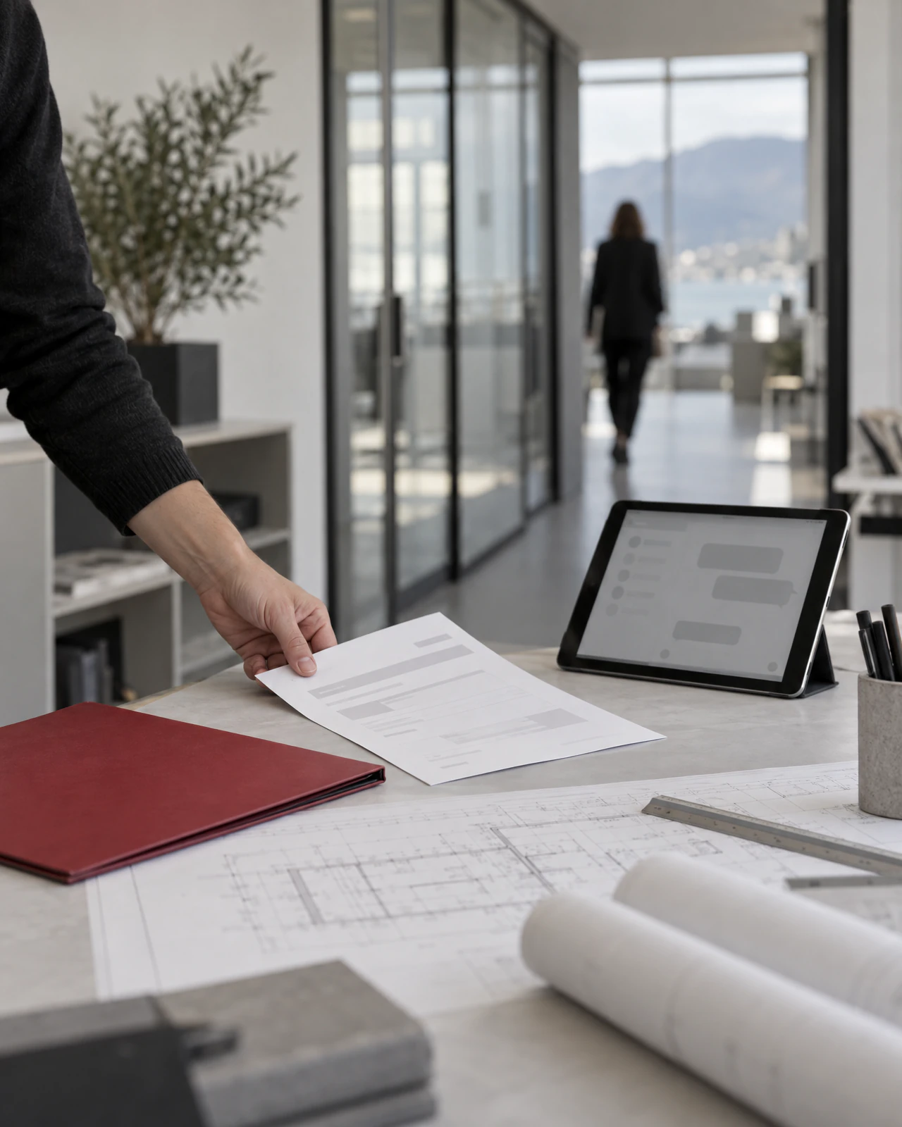 Hand legt ein Formular neben ein Tablet mit Chatfenster auf einen Tisch mit Bauplänen und roter Mappe