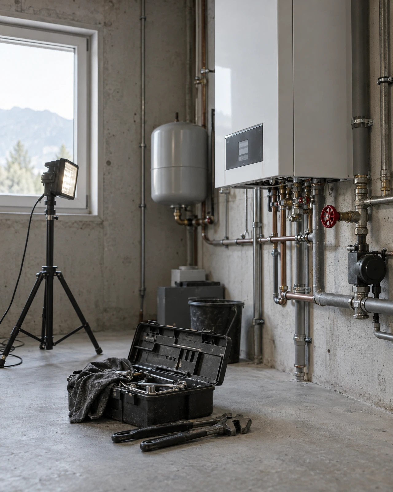 Geöffneter Servicekoffer eines Heizungsmonteurs neben einem Wandheizkessel in einem Technikraum