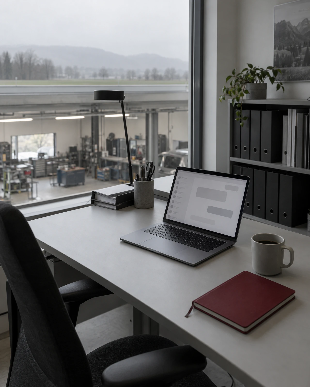 Laptop mit Chatfenster, Notizbuch und Kaffeetasse auf einem Schreibtisch, durch das Fenster eine Werkstatthalle