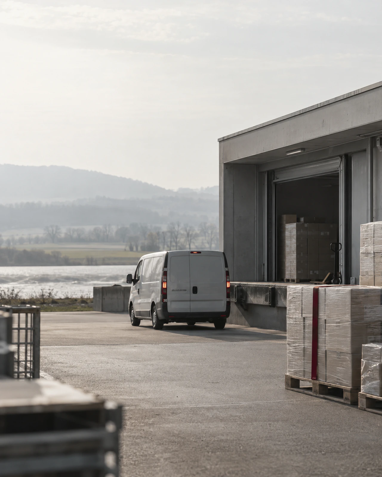 Delivery van at the open loading dock of a low warehouse in a wide river plain