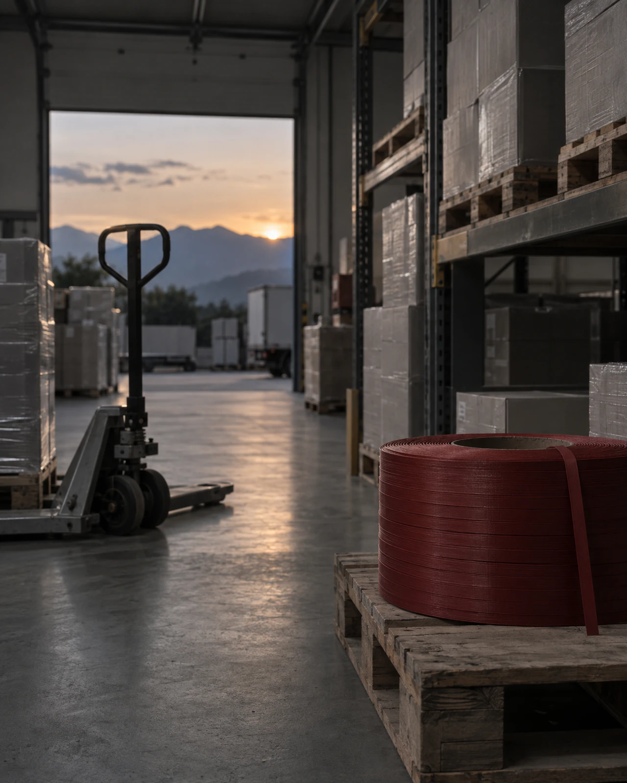 Logistikhalle in der Dämmerung mit Palettenregal und Handhubwagen im Gang