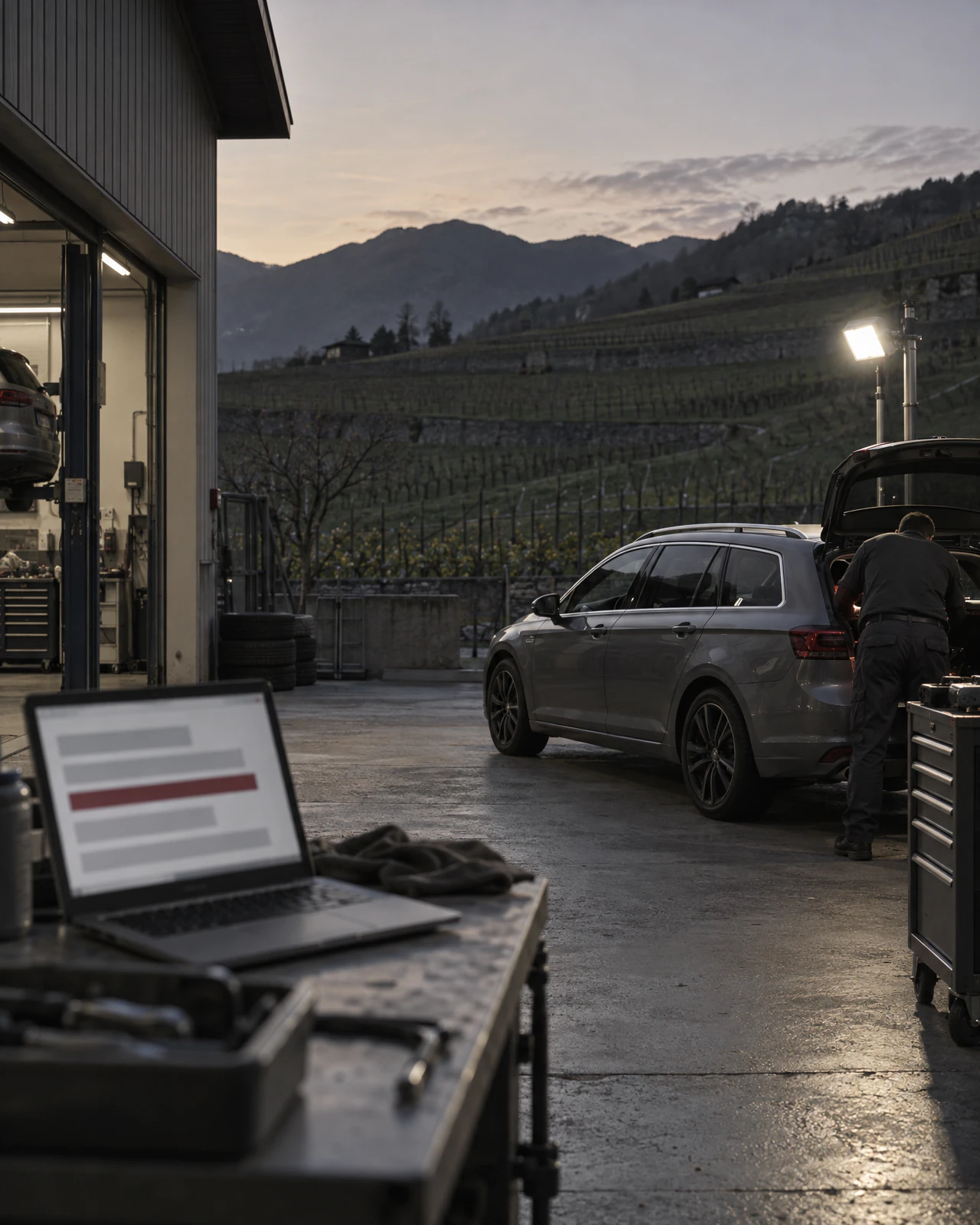 Laptop mit Balkenliste auf einem Werktisch vor einer Autowerkstatt, ein Mechaniker arbeitet an einem Kombi, dahinter Reben