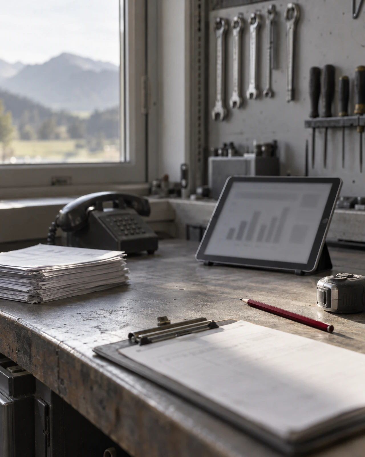 Werkbank mit Wähltelefon, Papierstapel, Tablet mit Balkendiagramm, Klemmbrett und Massband vor einem Fenster