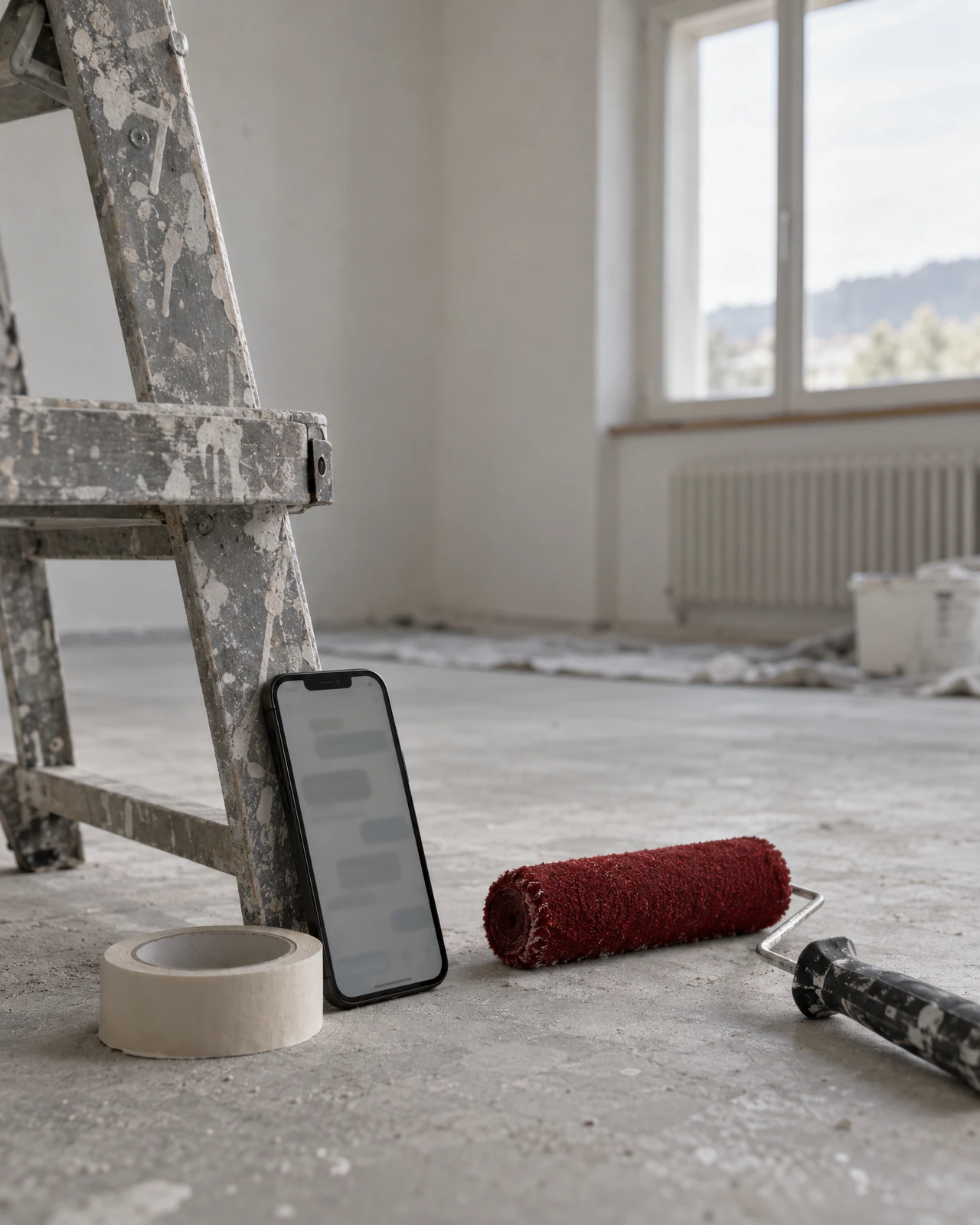 Smartphone mit Chatfenster lehnt an einer Malerleiter in einer leeren Wohnung, daneben Farbrolle und Malerband
