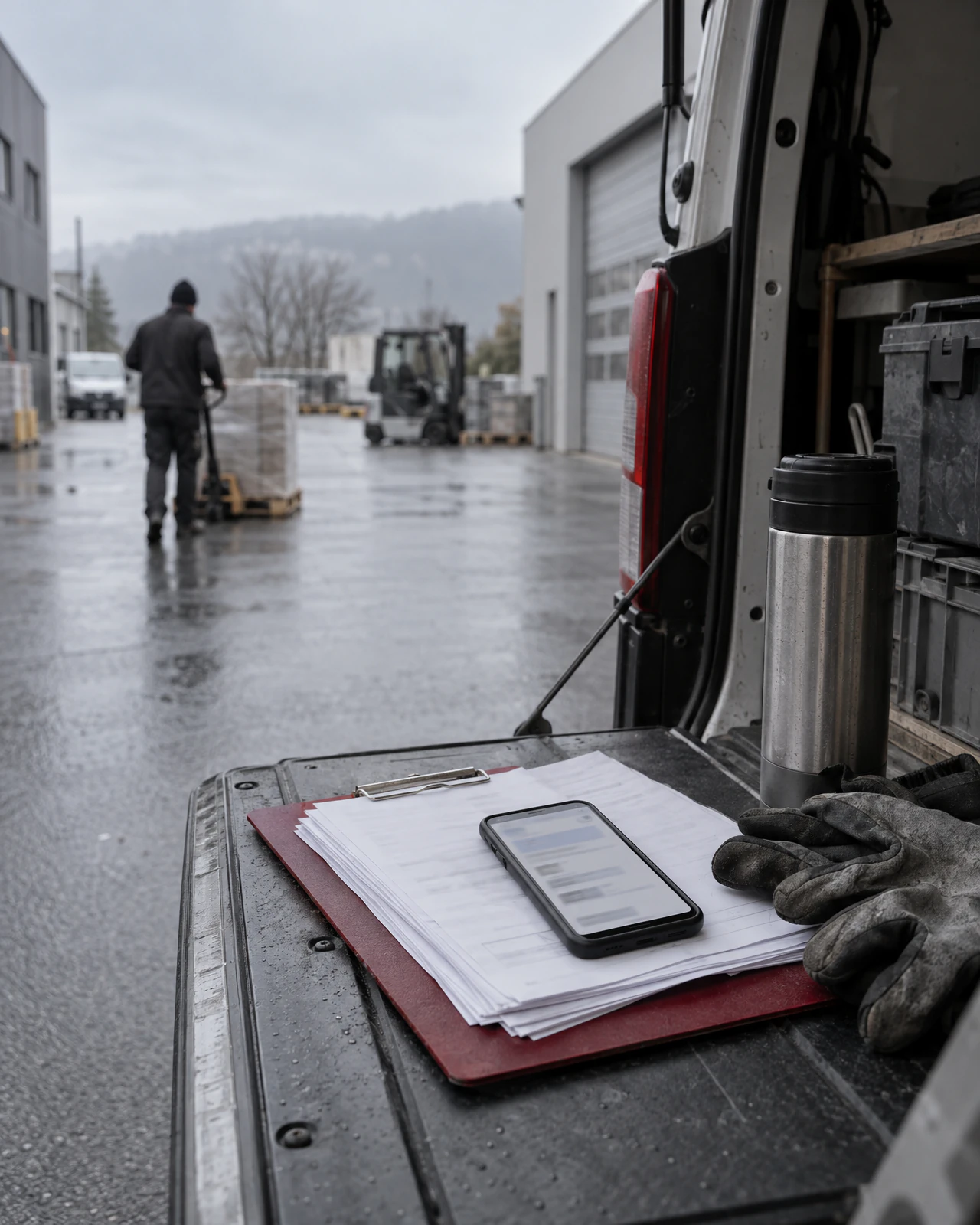 Arbeitshandy auf Lieferscheinen und rotem Klemmbrett auf der Ladefläche eines Transporters, dahinter ein nasser Gewerbehof mit Gabelstapler