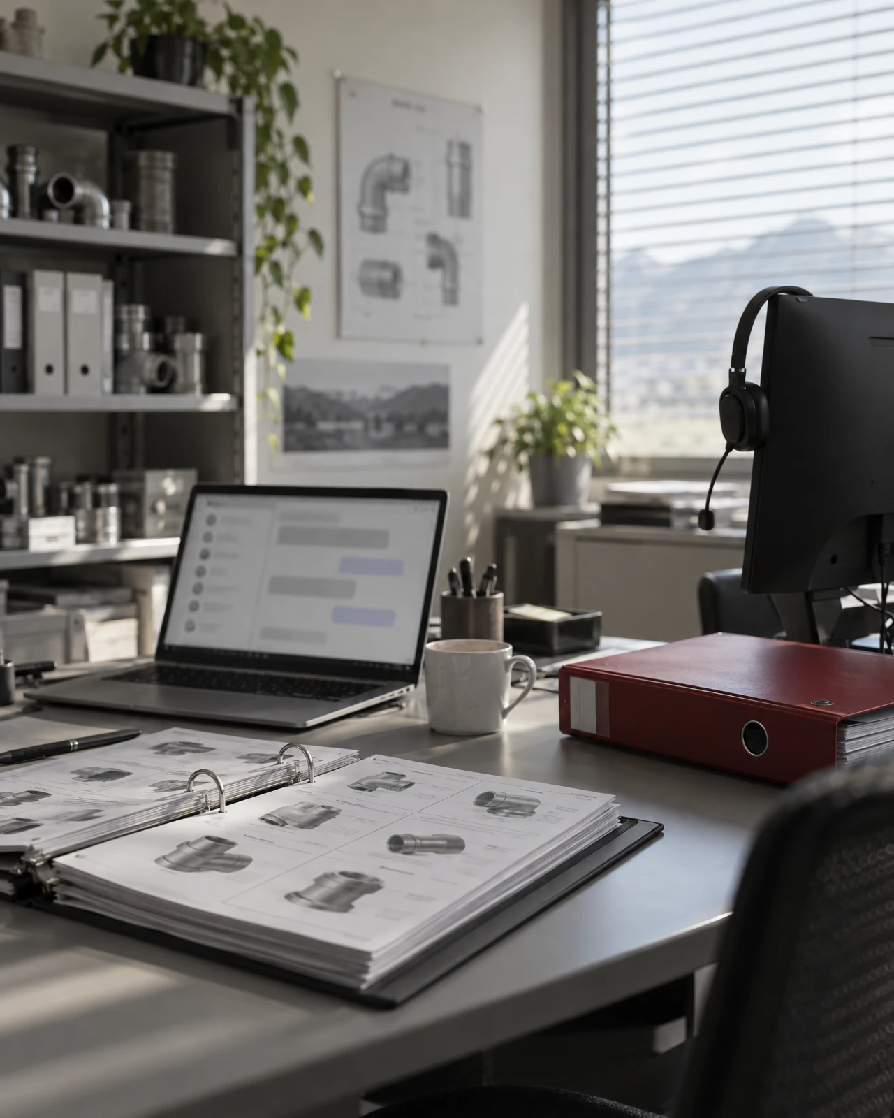 Büro eines Sanitärbetriebs mit Laptop mit unscharfen Chat-Blasen, offenem Katalog mit Rohrfittings, rotem Ordner und Headset am Bildschirm
