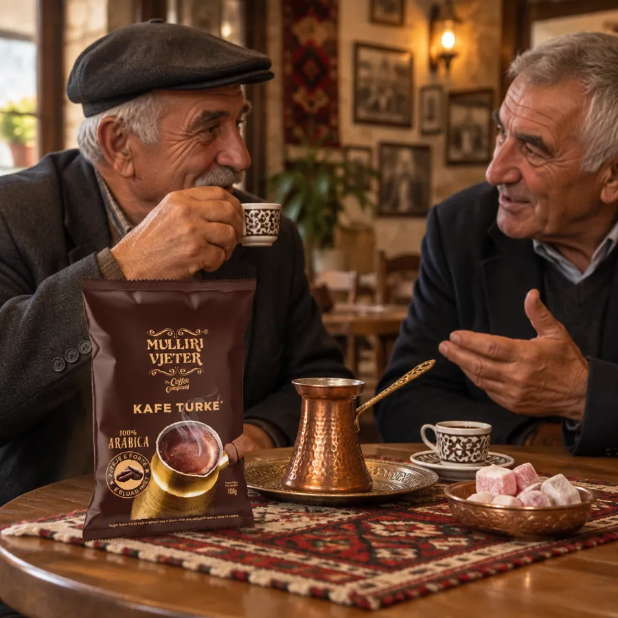 Two men drinking Mulliri Vjeter Kafe Turke in a café