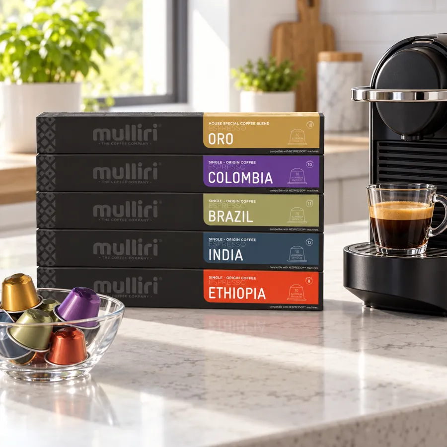 Aluminium capsule set with five varieties next to the coffee machine