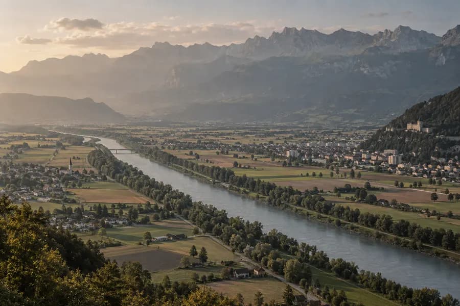 Luftaufnahme des Rheintals mit Fluss, Feldern und Alpstein