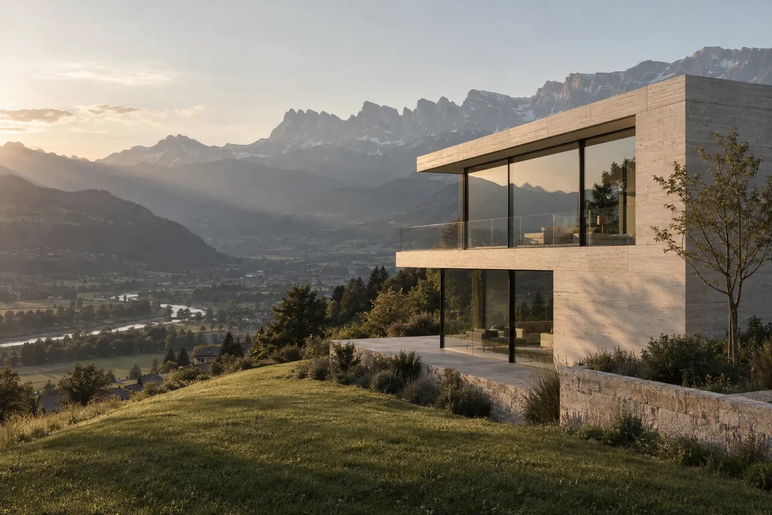 Modernes Wohnhaus mit Natursteinfassade über dem St. Galler Rheintal, Titelbild der Website