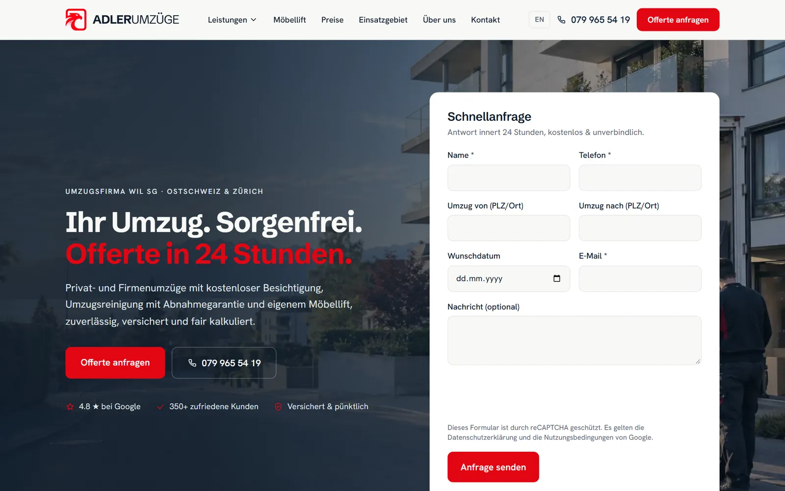 Adler Umzüge: Startseite der Website