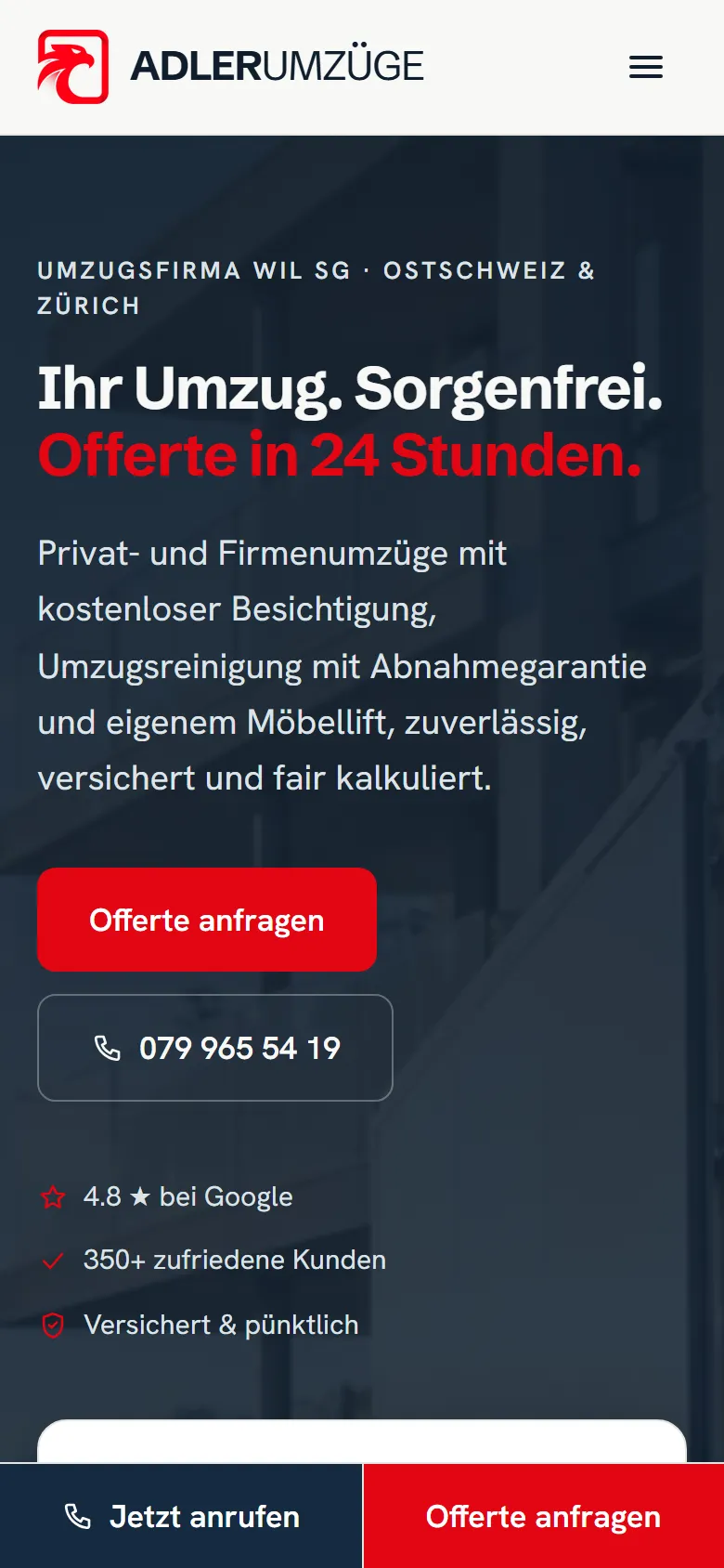 Adler Umzüge: Startseite auf dem Smartphone