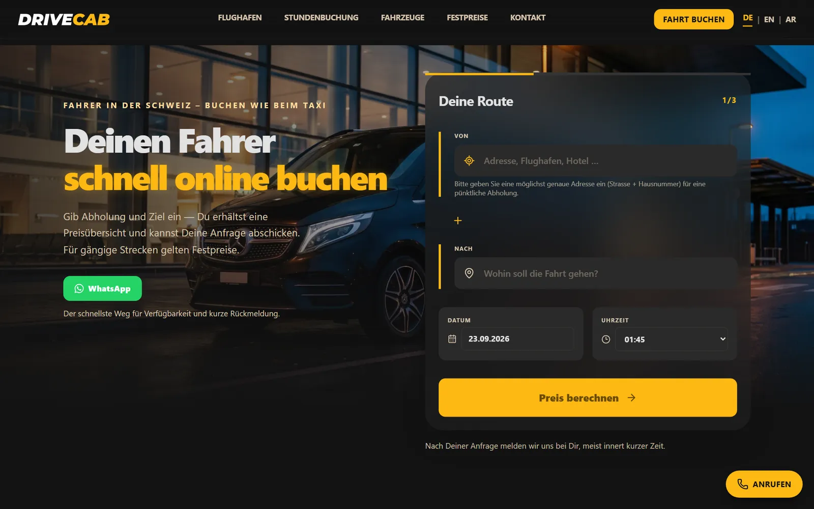 DriveCab: Startseite auf dem Desktop