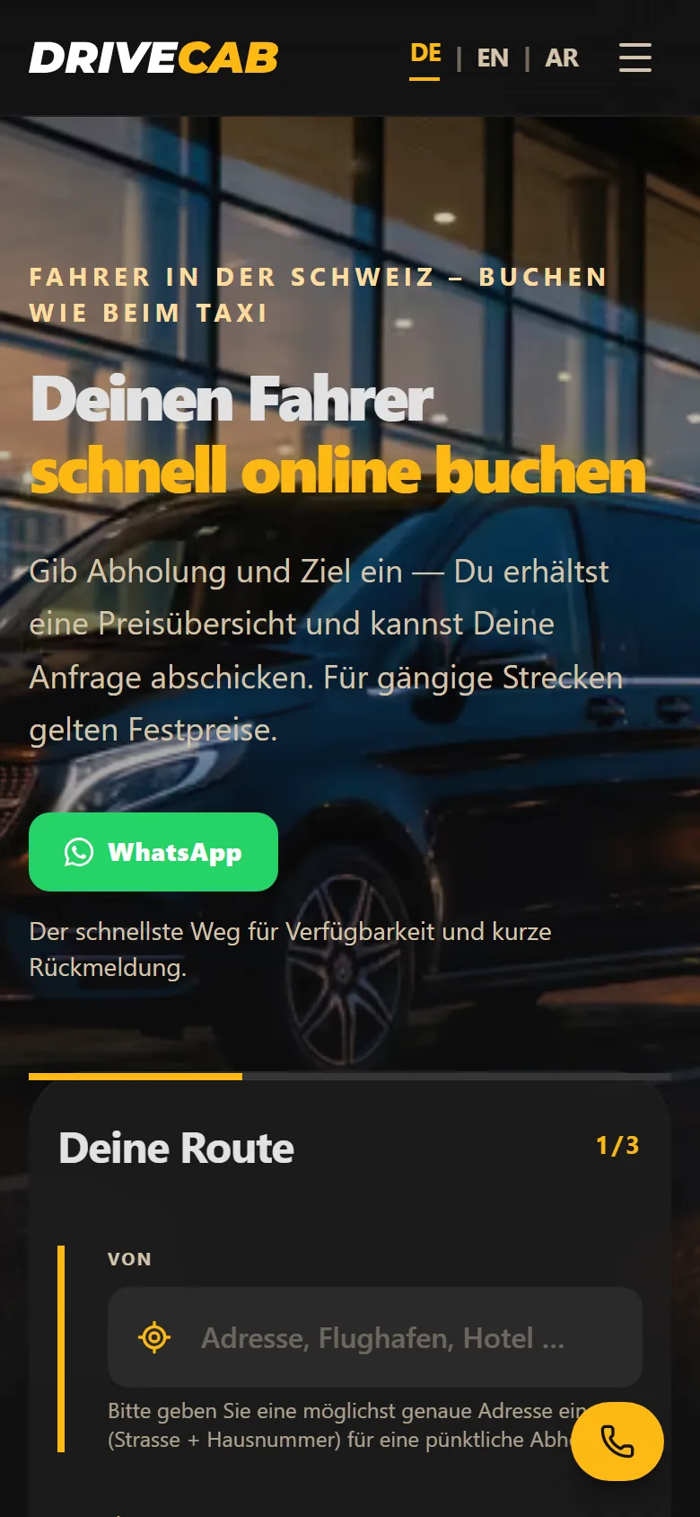 DriveCab: Startseite auf dem Smartphone